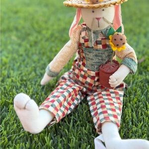 Handmade Bunny Doll in Red & Green Plaid Overalls